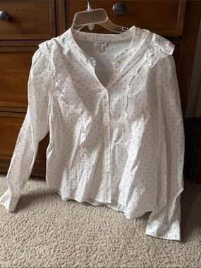J Crew White Ruffled Button-Up Blouse with Small Red Heart Print